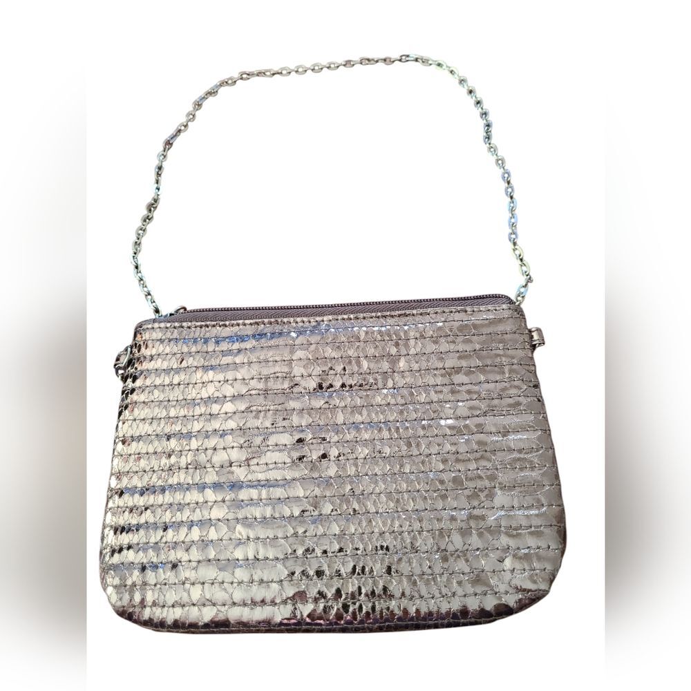 Vintage Metallic Silver Tone Snake Skin Texture Chain Link 80's Evening Bag